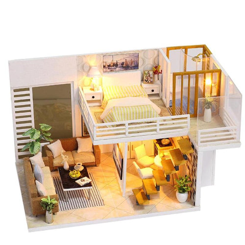 Wooden  Doll House  With Furniture LED Lights