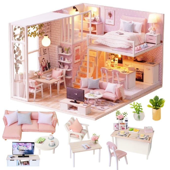 Wooden Doll House with  Pink Style